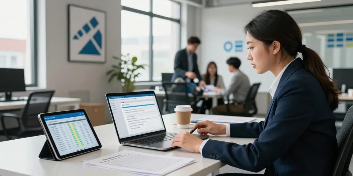 Professional managing supplier due diligence with software in a bright office environment.