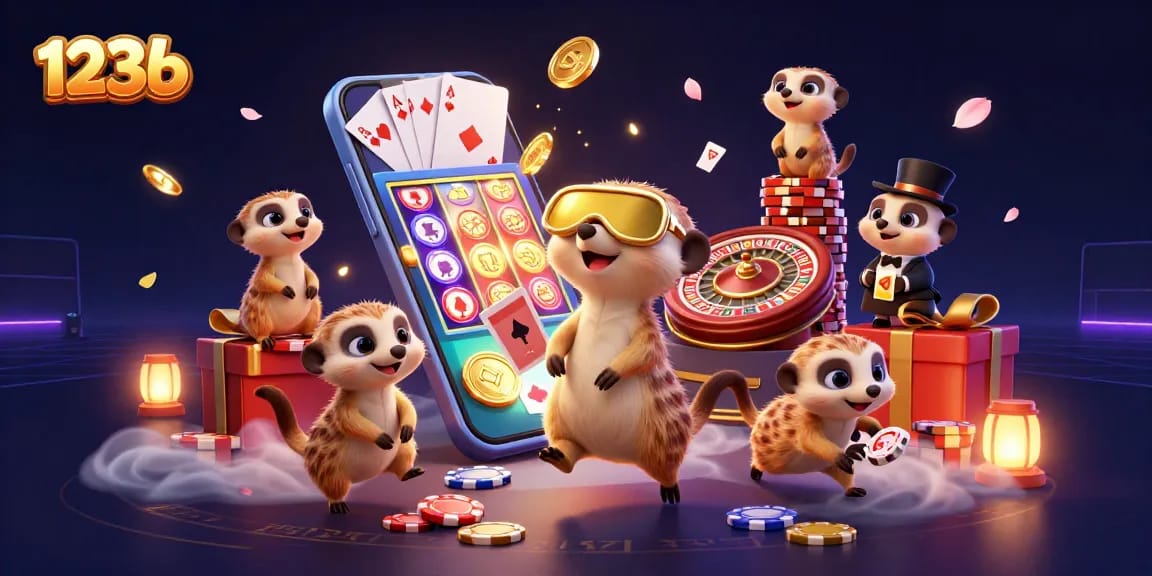Experience the casino excitement with 123b as meerkats run an intricate gambling operation, showcasing vibrant game elements.
