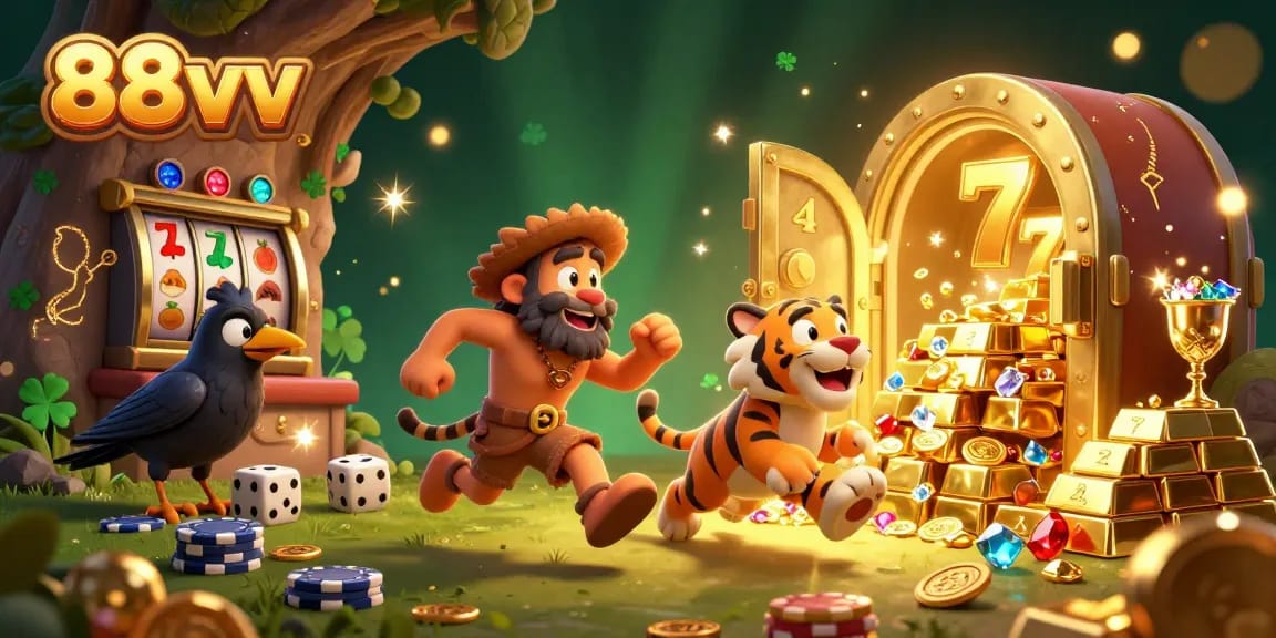 Engage with 88vv's exhilarating casino atmosphere featuring vivid characters, golden treasures, and dynamic gameplay elements.