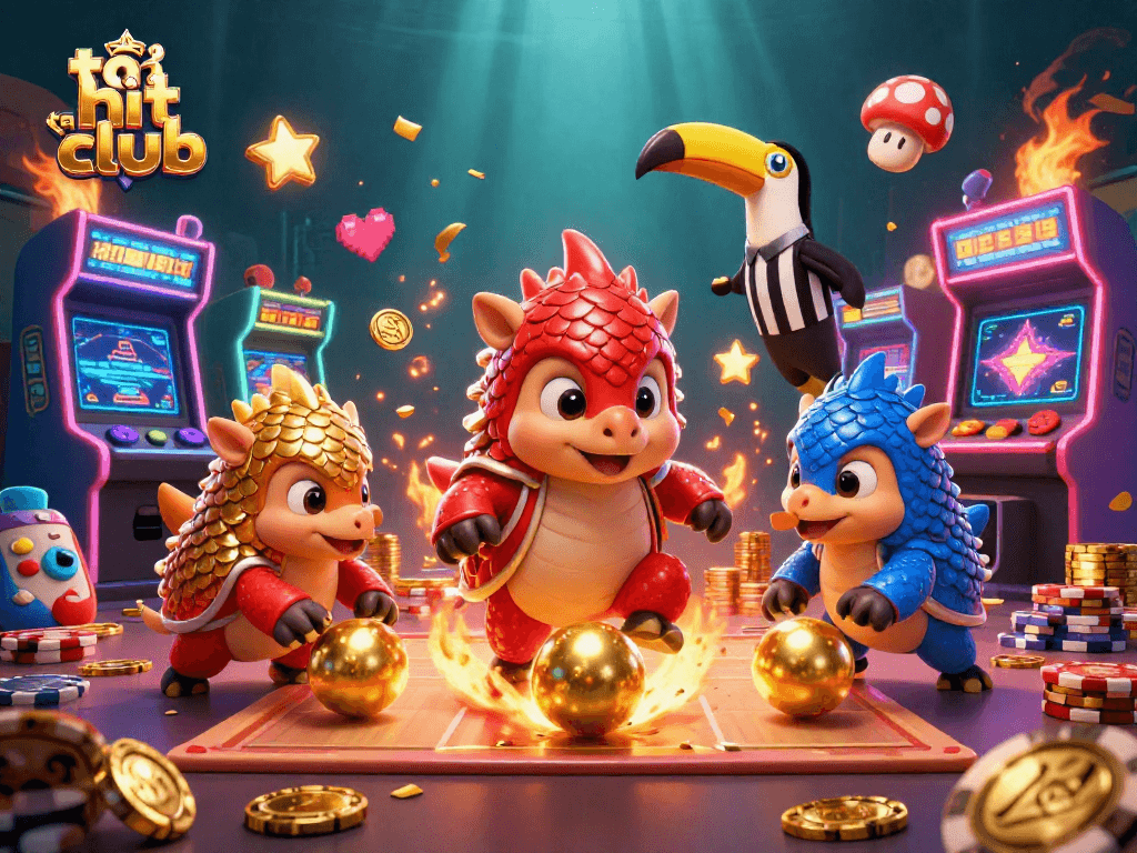 Engage with thrilling games at tải hit club, featuring vibrant pangolins bowling through poker chips in an exciting 3D illustration.