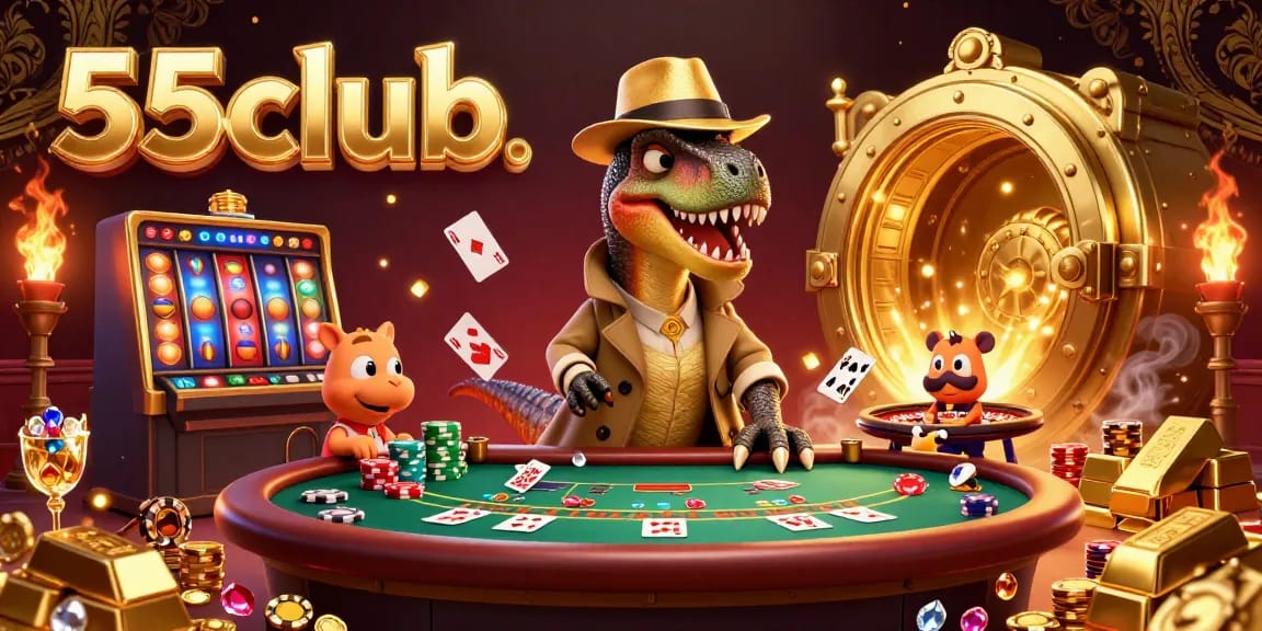 Experience the thrilling action at 55club with a velociraptor at a blackjack table in this vibrant casino scene.