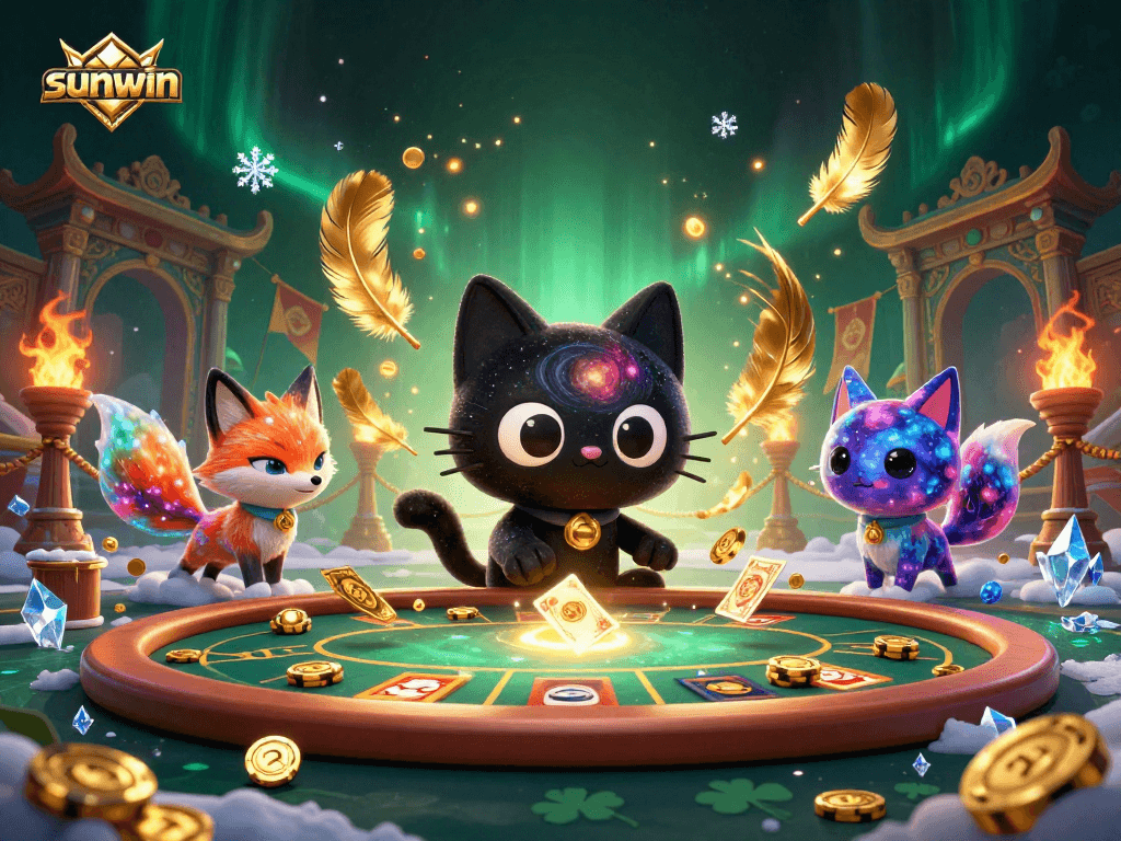 Experience the thrill of sunwin casino with a cartoon black hole cat and cosmic elements at play.