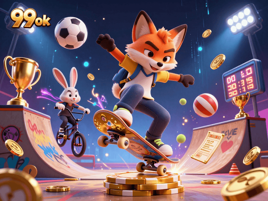 Win big with 99 ok as the skateboarder fox showcases thrilling tricks over golden poker chips.