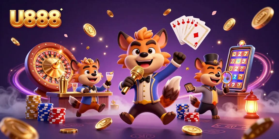 Experience the excitement of U888's dynamic gambling scene with hyenas in a lively casino atmosphere.