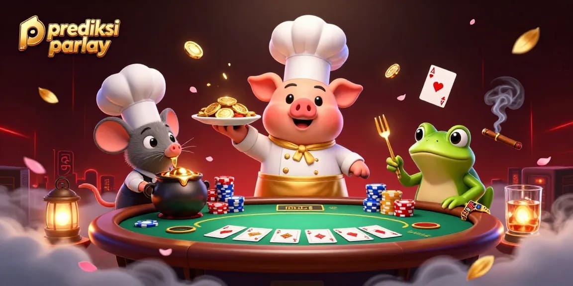 Place bets with prediksi parlay as a gourmet dish on a platter of gold coins surrounded by vibrant casino elements.