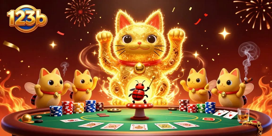 Experience the excitement of 123b with golden fireflies forming a lucky cat amidst vibrant casino symbols