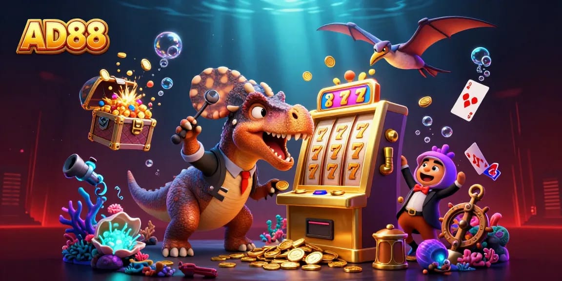 AD88 characters celebrating a jackpot win with vibrant scenes of golden coins and underwater treasures.