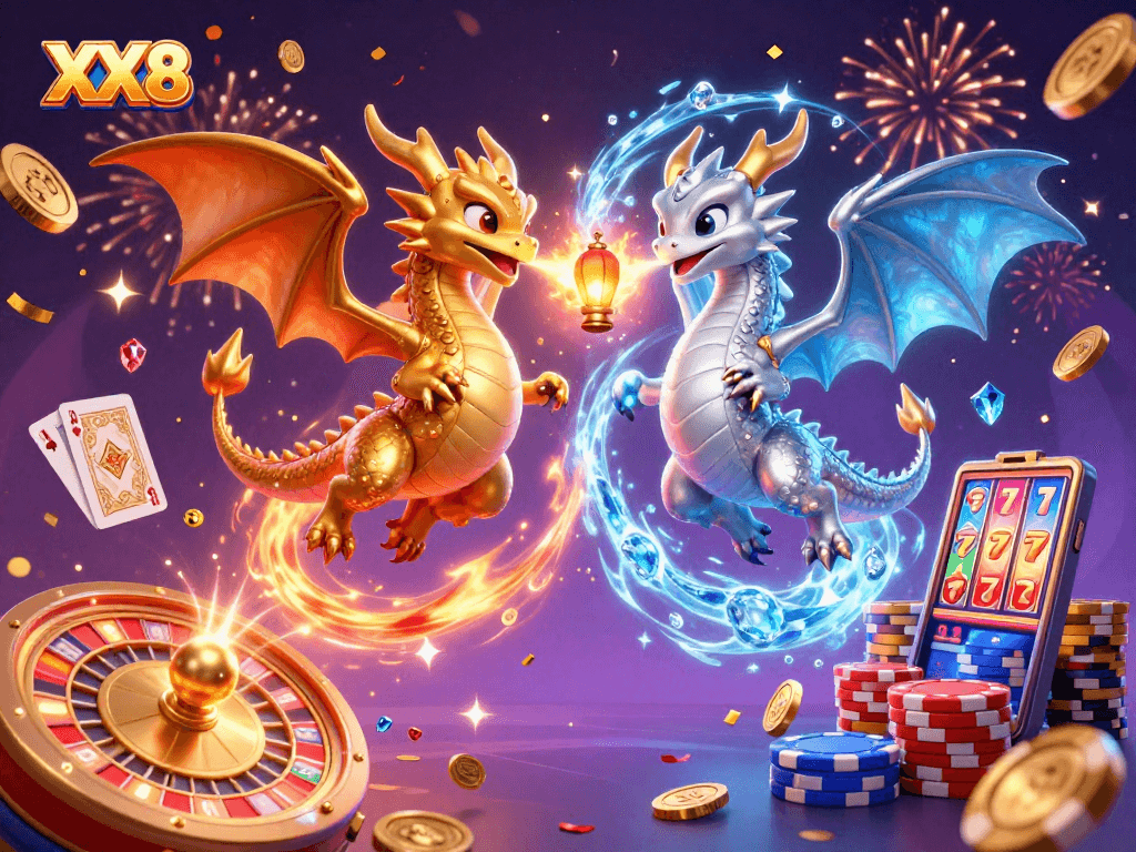 Experience the excitement of XX8 with dynamic dragons and vibrant casino symbols.