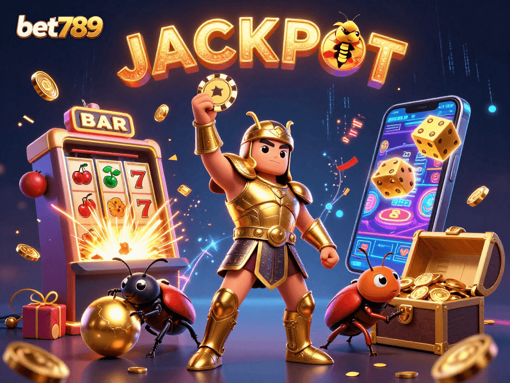 Bet789's vibrant casino scene with a heroic beetle celebrating a jackpot amidst dazzling slot elements.