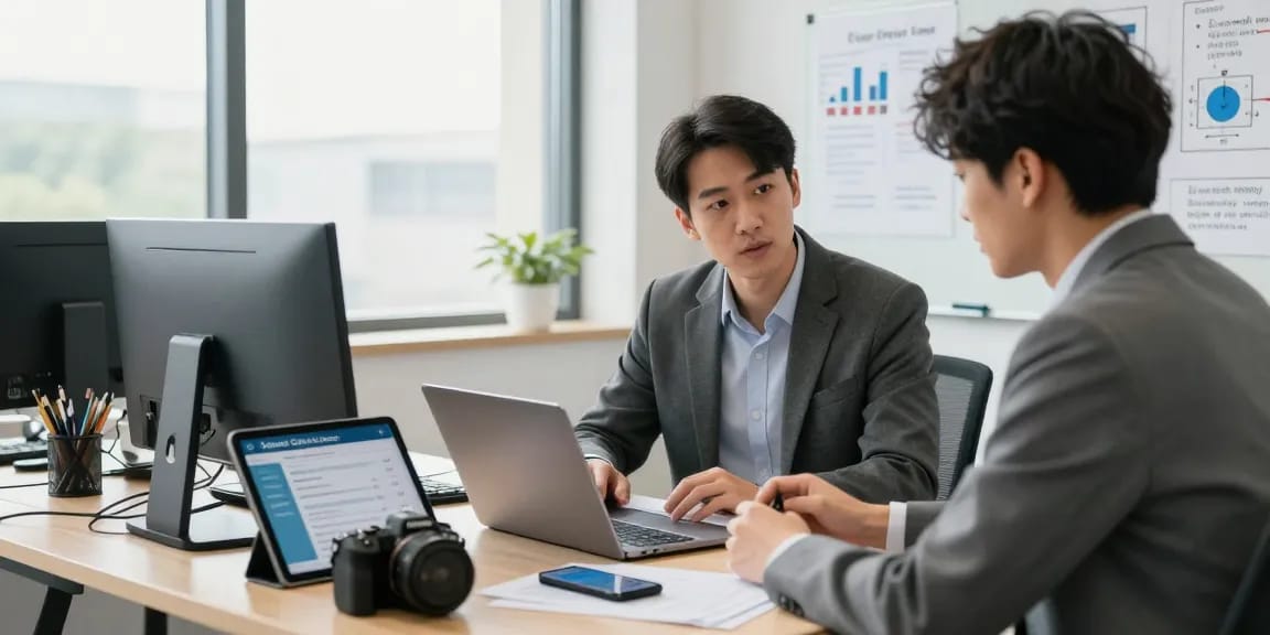 Cybersecurity expert explaining how to get cyber essentials certified to a business owner, showcasing a modern office setup.