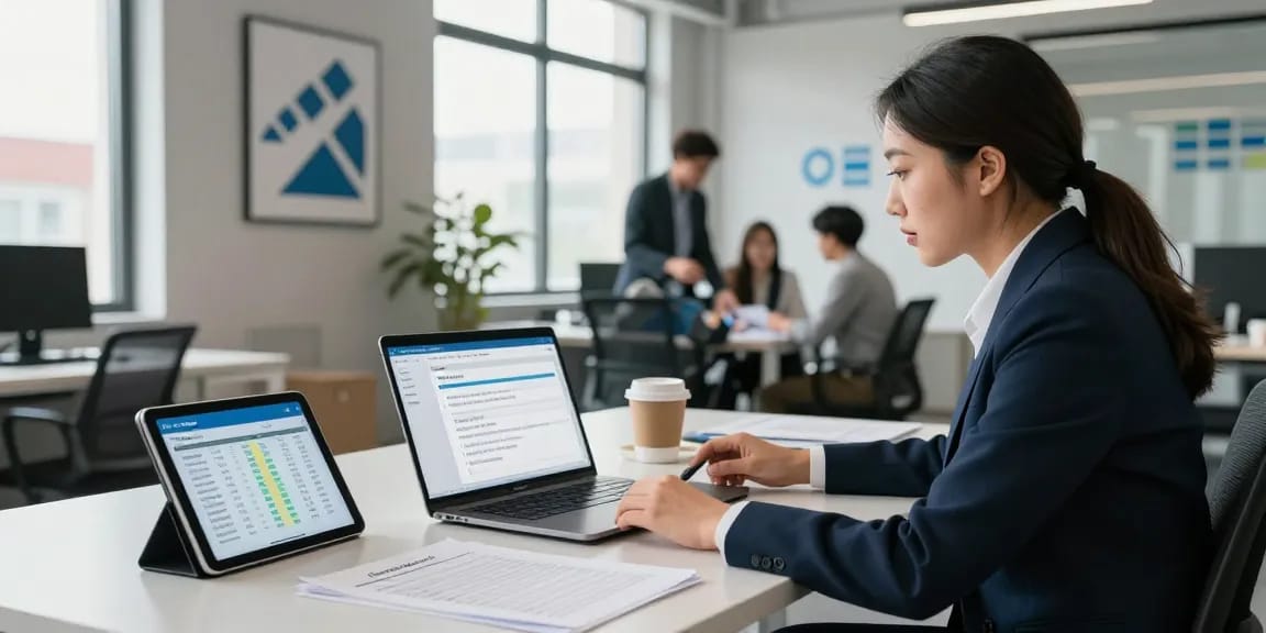 Professional managing supplier due diligence with software in a bright office environment.