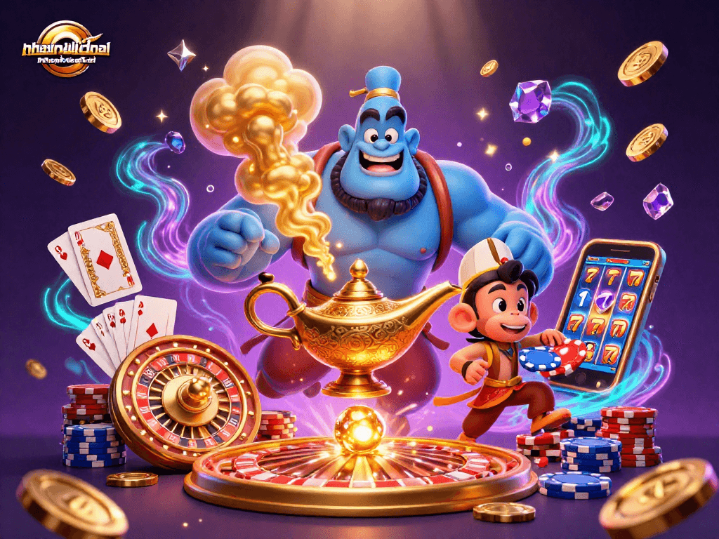 Nhandinhkeonhacai showcases a dynamic casino scene packed with a genie, cards, and poker chips.
