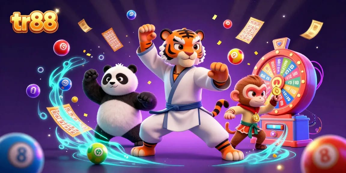 Experience the excitement of tr88 with a vibrant 3D illustration showcasing a kung fu tiger and characters amidst lottery elements.