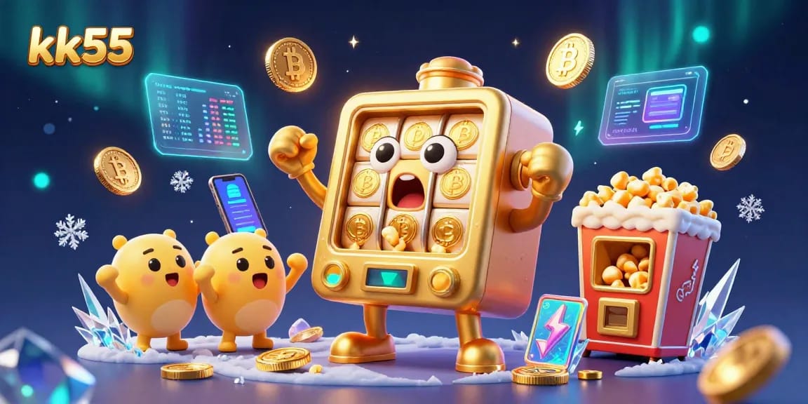 kk55 unleashes excitement as a golden slot machine hits the jackpot amidst a vibrant, dynamic casino scene.