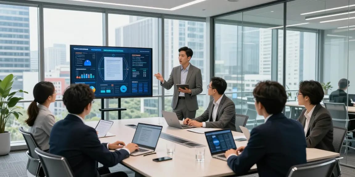 Collaborative team reviewing business contract ee options in modern conference room