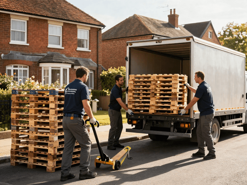 Pallets movers efficiently loading wooden pallets onto a truck in a residential area during a warm afternoon.