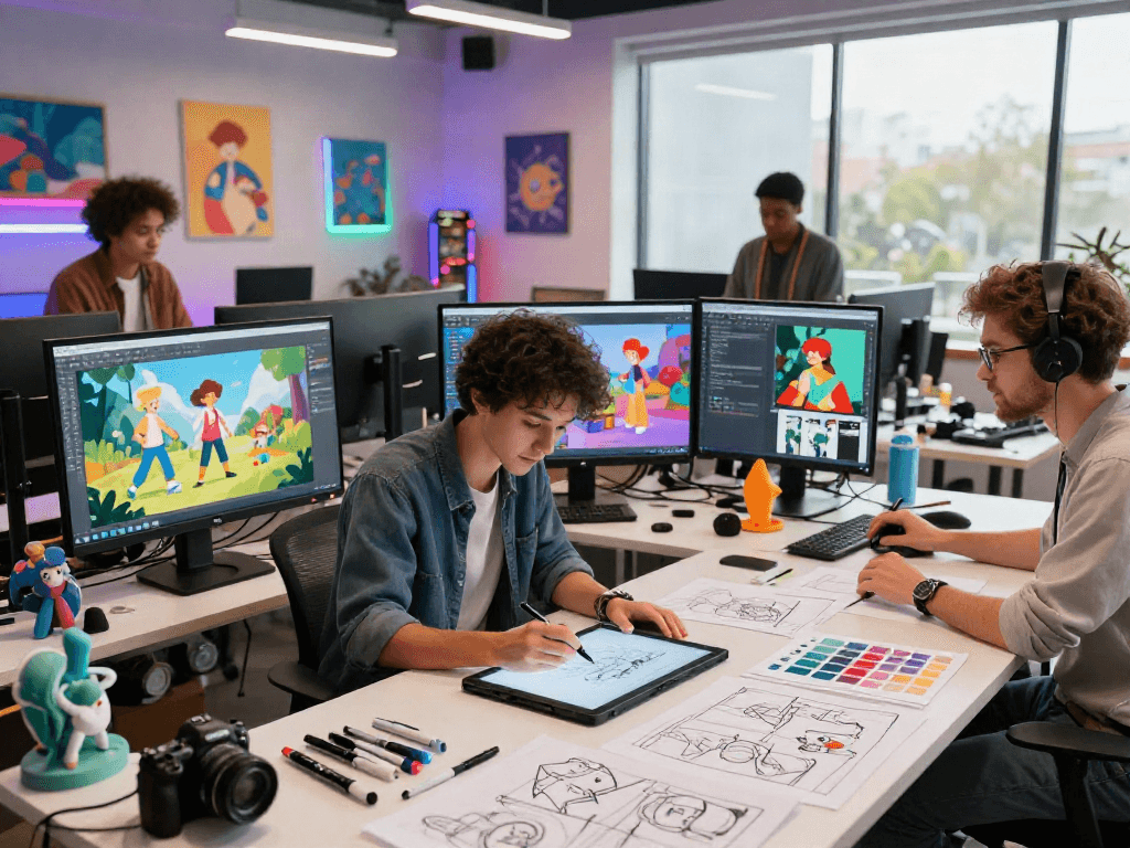 Creative artists collaborating in modern studio focused on nsfw ai illustrations.