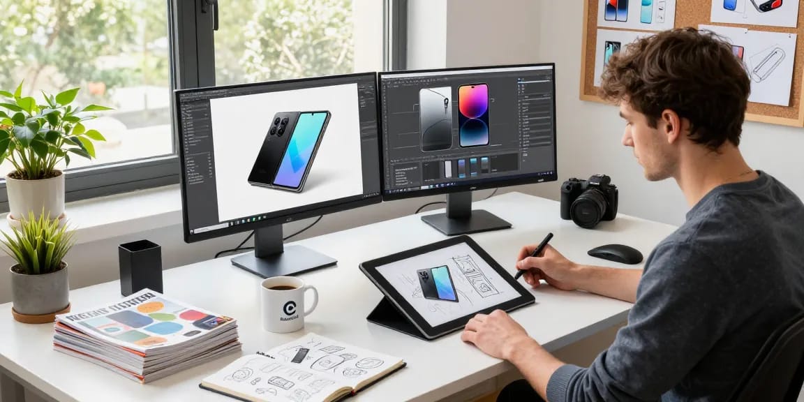 Designer sketching a tri-fold phone prototype in a modern tech workspace with vibrant gadgets and natural light.
