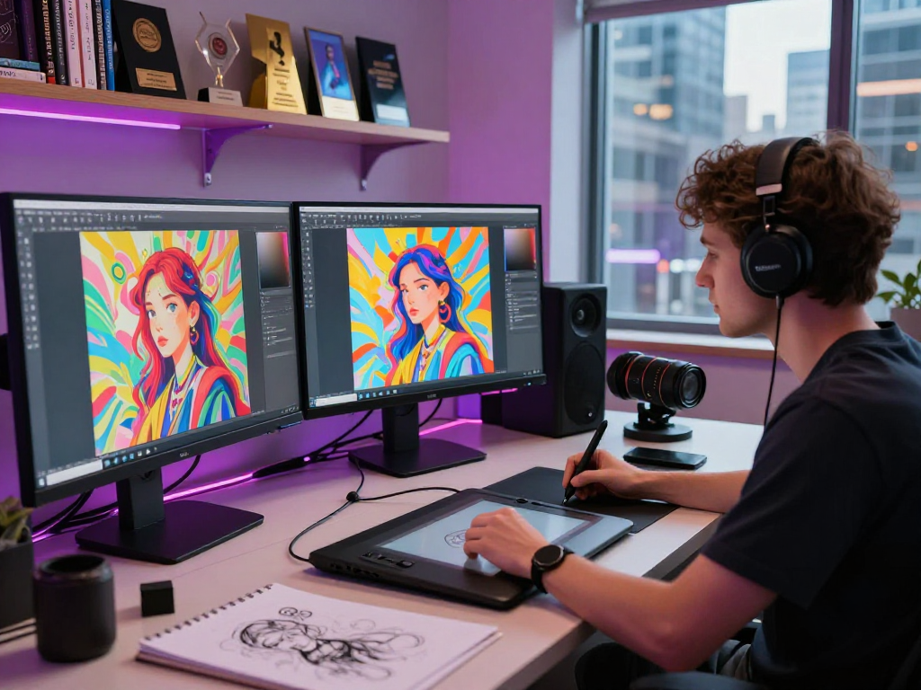 Artist creating intricate nsfw ai digital illustrations in a vibrant workspace filled with advanced technology and creative tools.
