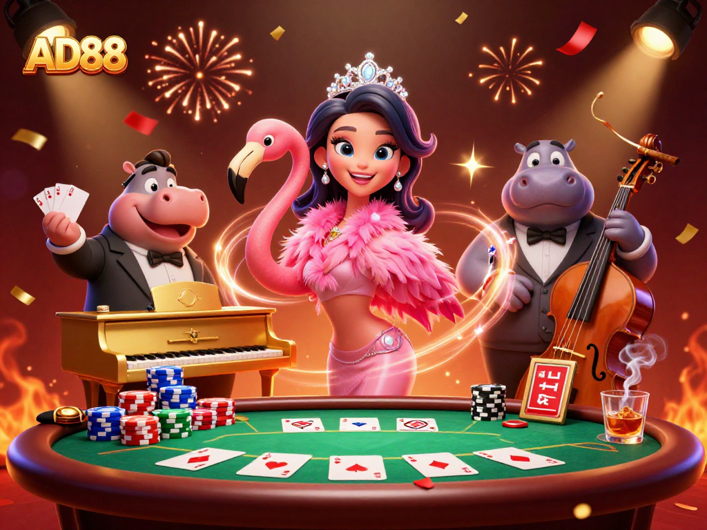 Win big with AD88 in this vibrant 3D casino scene featuring lively characters and poker action!