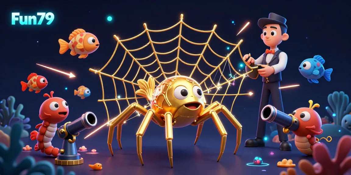 Join Fun79's thrilling fishing game with a golden spider and dynamic sea creatures in this exciting illustration.