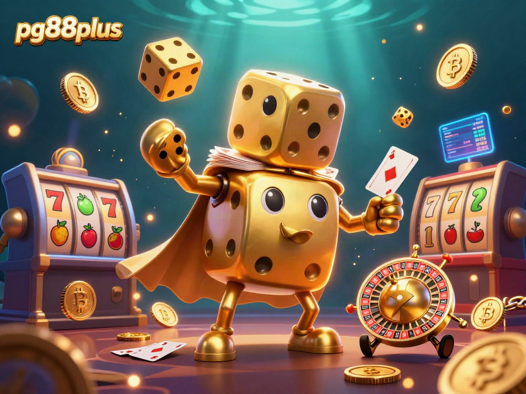 Engage with pg88plus, showcasing a lively casino adventure with golden dice and slot reels.