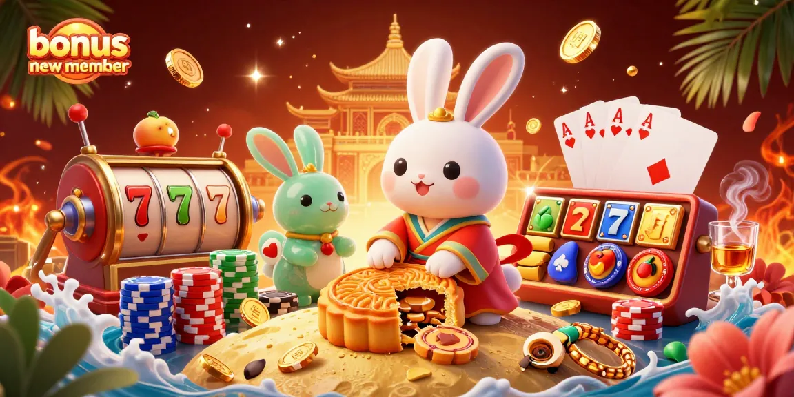 The illustration showcases the vibrant bonus new member scene with a cartoon moon rabbit unveiling poker chips, surrounded by fruit symbols and slot reels.