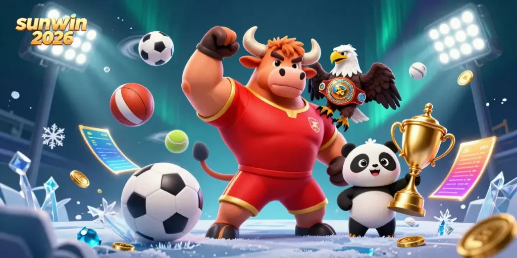 Experience thrilling victories and celebrate with sunwin 2026 in this vibrant casino scene featuring mascots and dynamic betting elements.