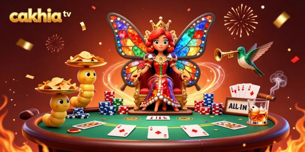 Experience the magic of cakhia tv with a vibrant 3D illustration featuring a butterfly queen amidst a poker scene.