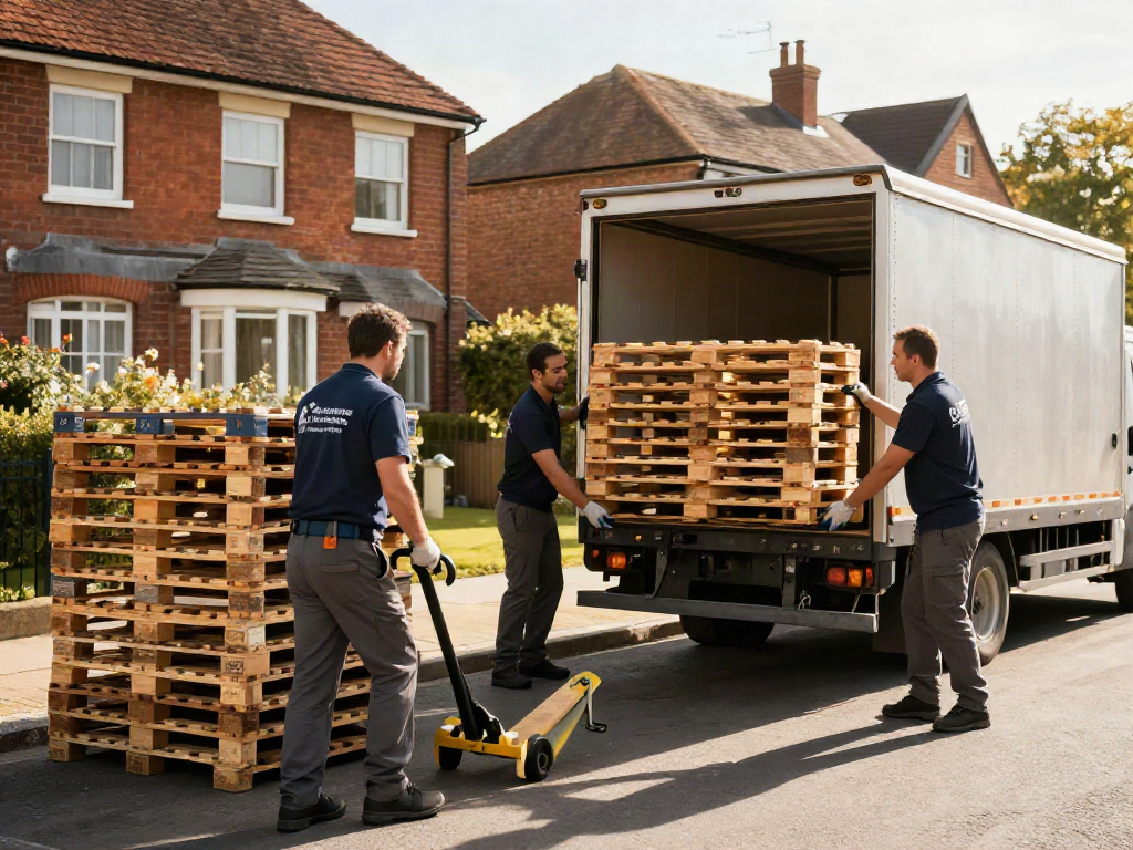 Pallets movers efficiently loading wooden pallets onto a truck in a residential area during a warm afternoon.