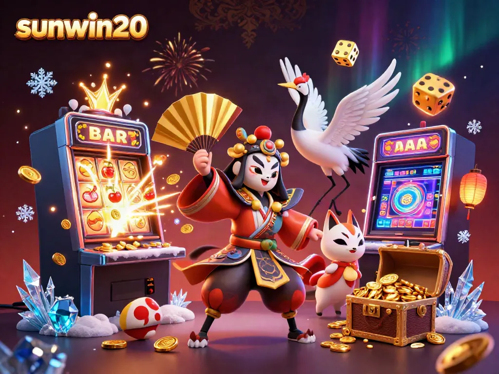 Experience thrilling jackpots at sunwin20 with a vibrant 3D illustration of casino elements and characters.