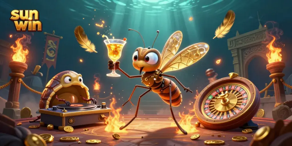 Experience big wins with sun win: 3D illustration of a frozen mosquito mascot, trilobite DJ, and golden roulette wheel