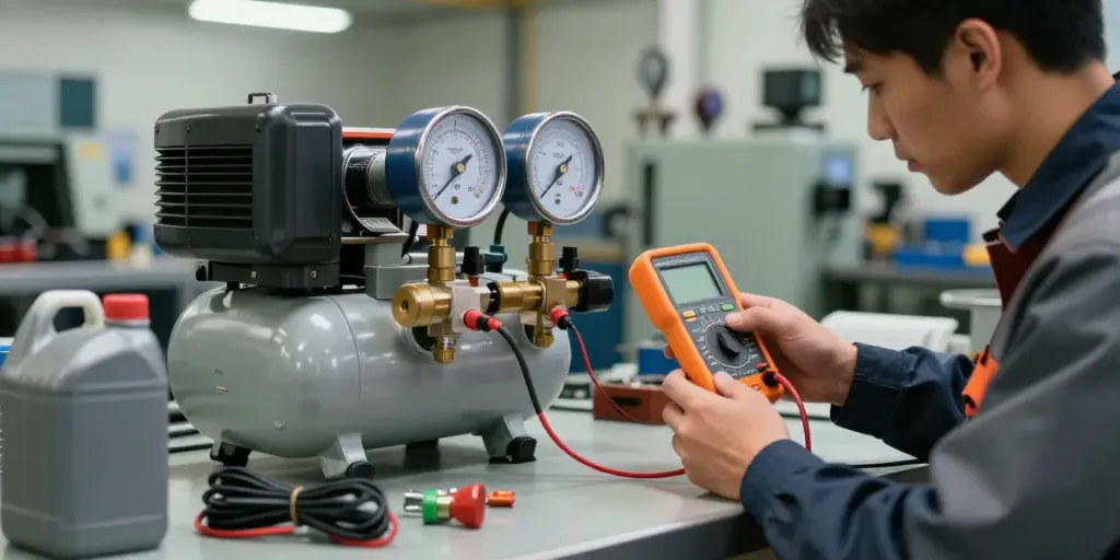 Technician inspecting air compressor pressure switch in an industrial workshop.