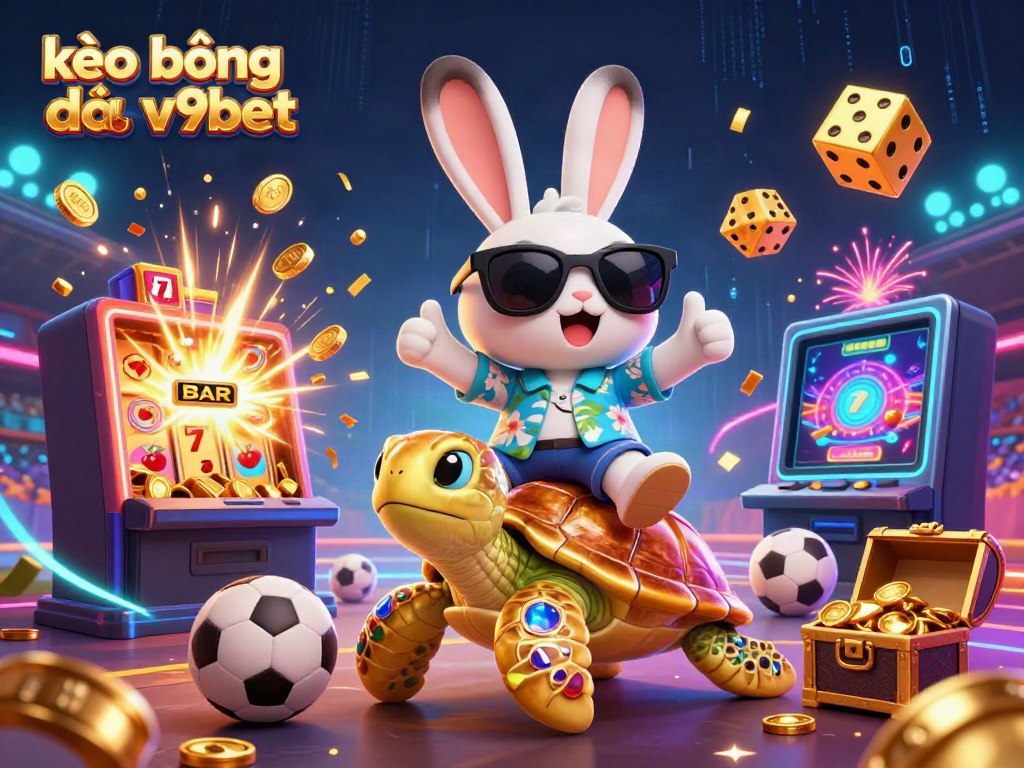 Experience excitement with kèo bóng đá v9bet in this vibrant illustration of a lucky rabbit and golden sea turtle amid a sports betting scene full of energy.
