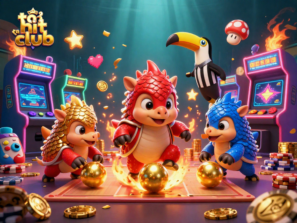 Engage with thrilling games at tải hit club, featuring vibrant pangolins bowling through poker chips in an exciting 3D illustration.
