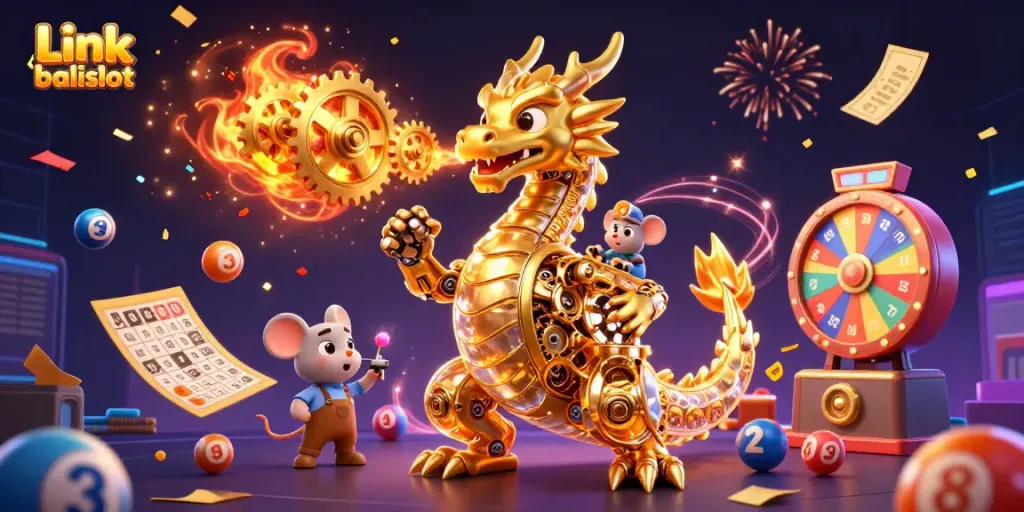 Experience thrilling wins with Link balislot in this vibrant casino scene featuring a golden dragon.