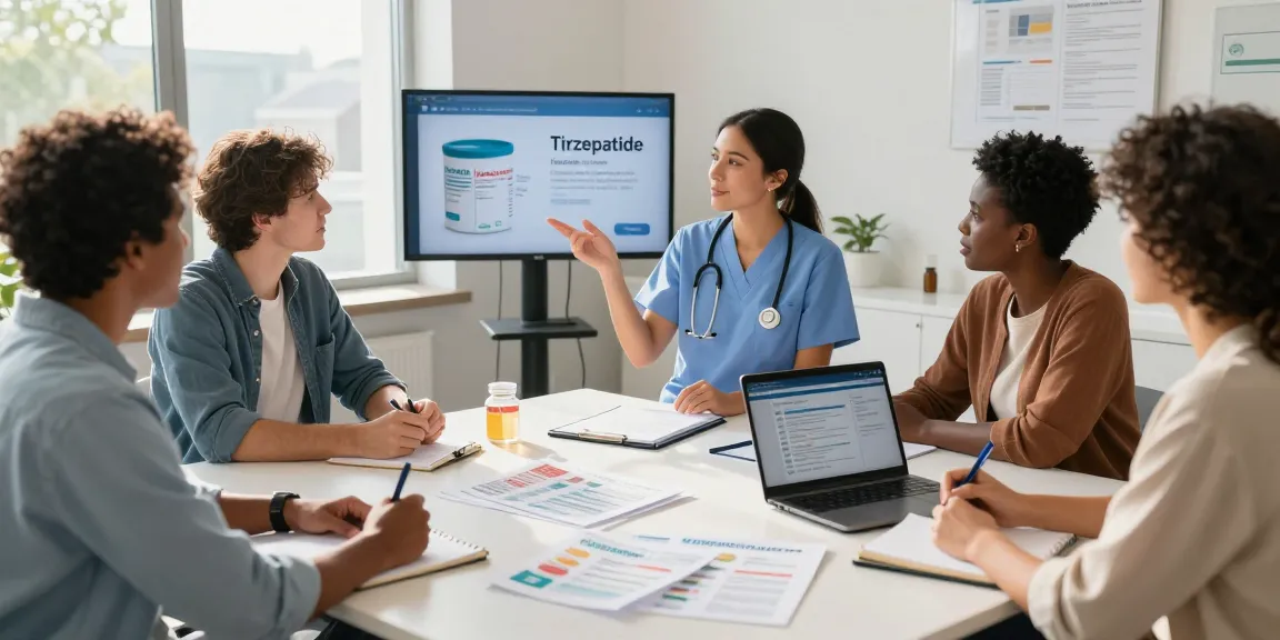Group of individuals learning to buy tirzepatide in a welcoming consultation room, discussing health options.