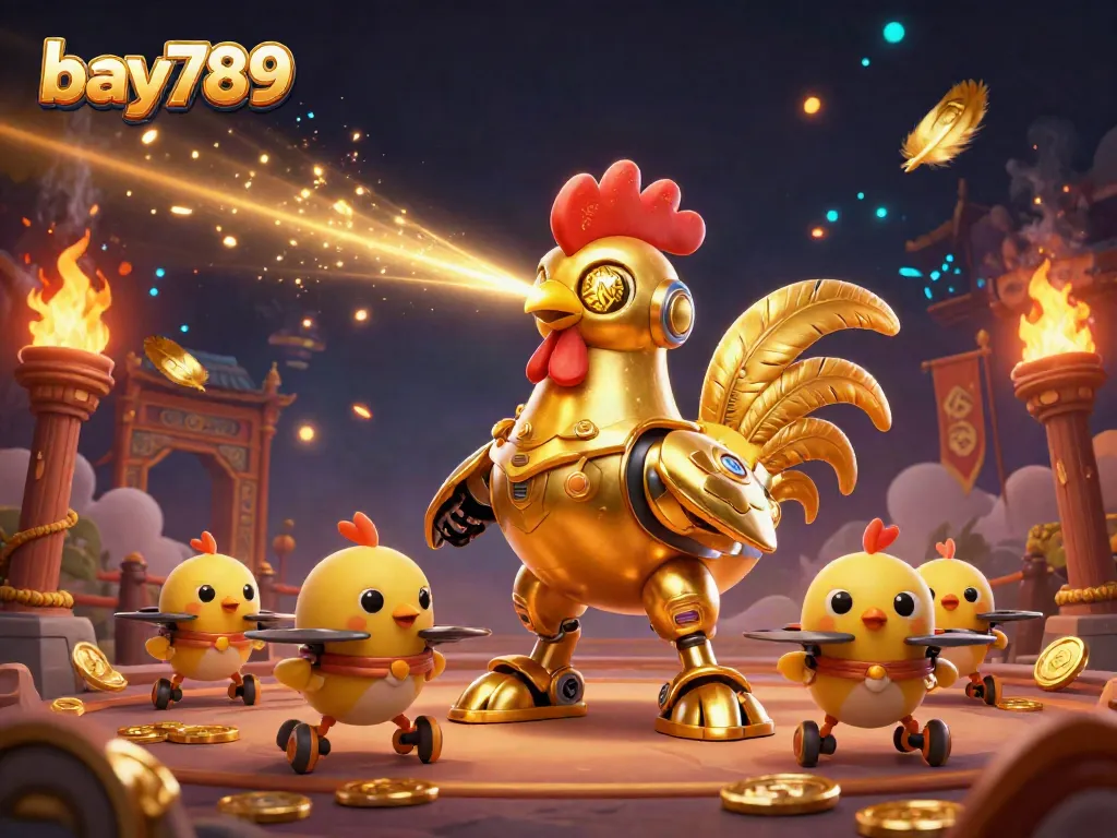 Experience thrilling gameplay with bay789's vibrant casino scene featuring a golden rooster robot and baby chick drones.