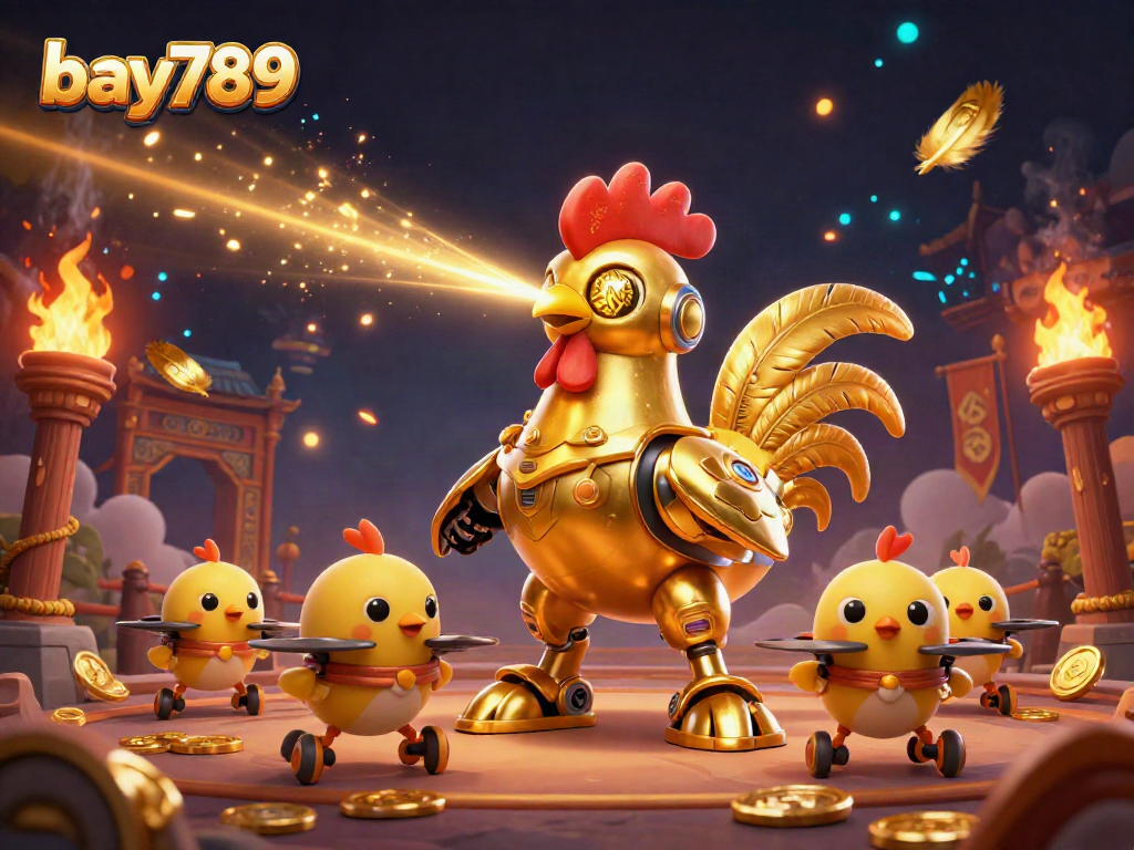 Experience thrilling gameplay with bay789's vibrant casino scene featuring a golden rooster robot and baby chick drones.