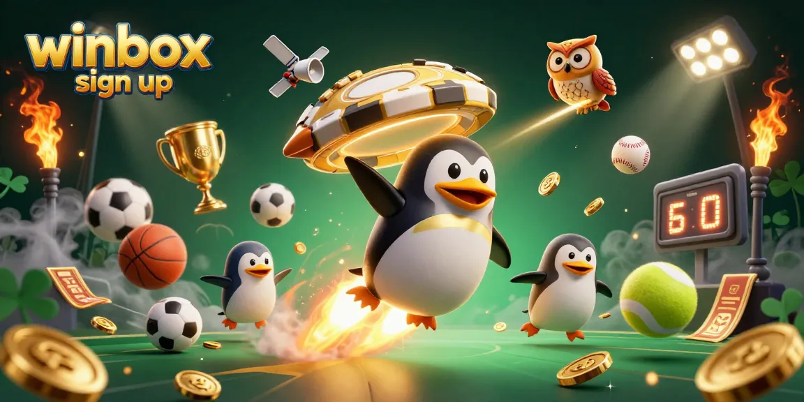 Engage in exciting gaming experiences with winbox sign up; a golden penguin leads the way to endless casino fun.