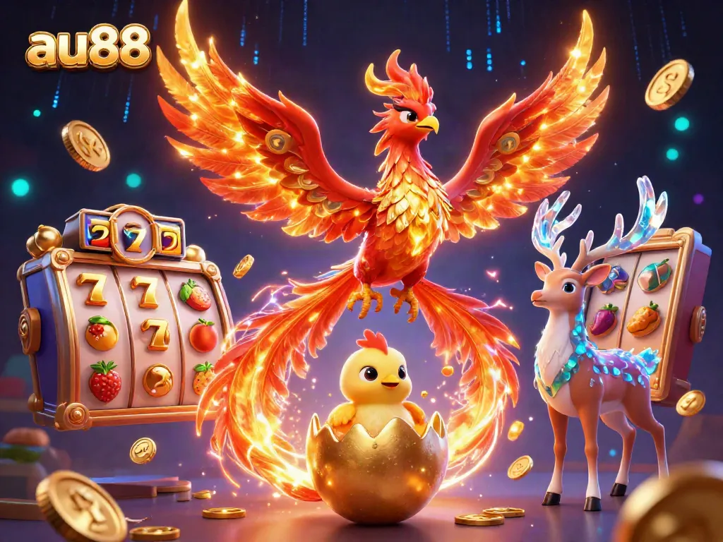 Engage with exciting casino games at au88, featuring a majestic phoenix and dynamic slot elements.