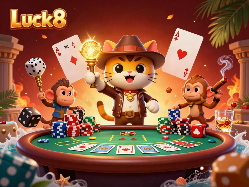Experience the excitement of Luck8 as the adventurous cat and monkey unveil a golden casino artifact amid a vibrant poker game.