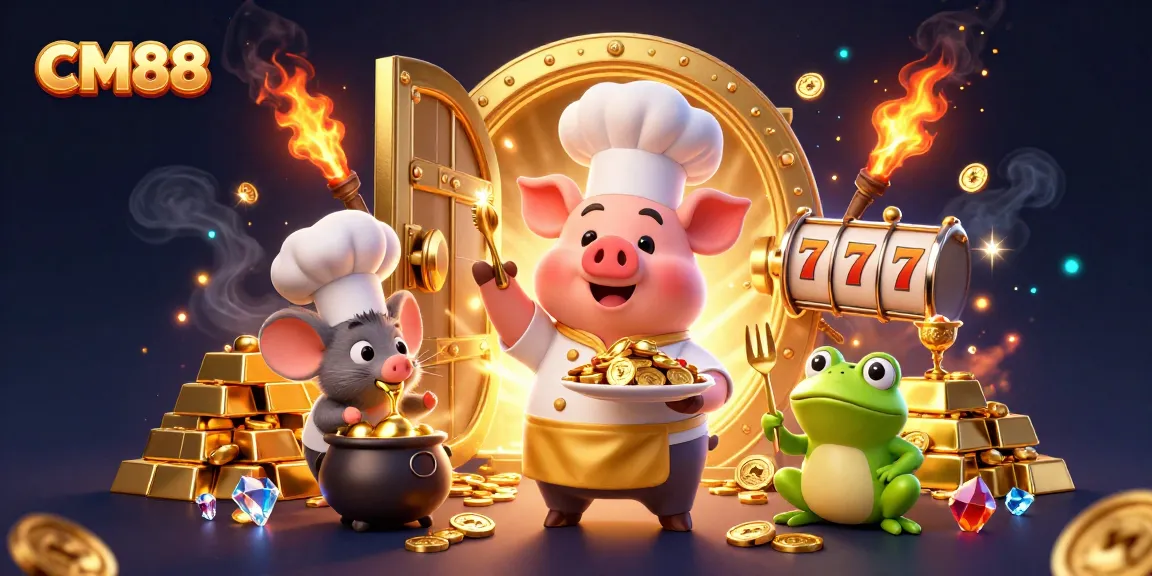 CM88 showcases a vibrant casino scene with a chef pig, sous-chef mouse, and critic frog amidst gold elements.