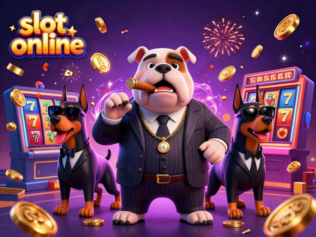 Engaging slot online scene featuring a cartoon mafia bulldog and Doberman bodyguards amid vibrant casino elements.