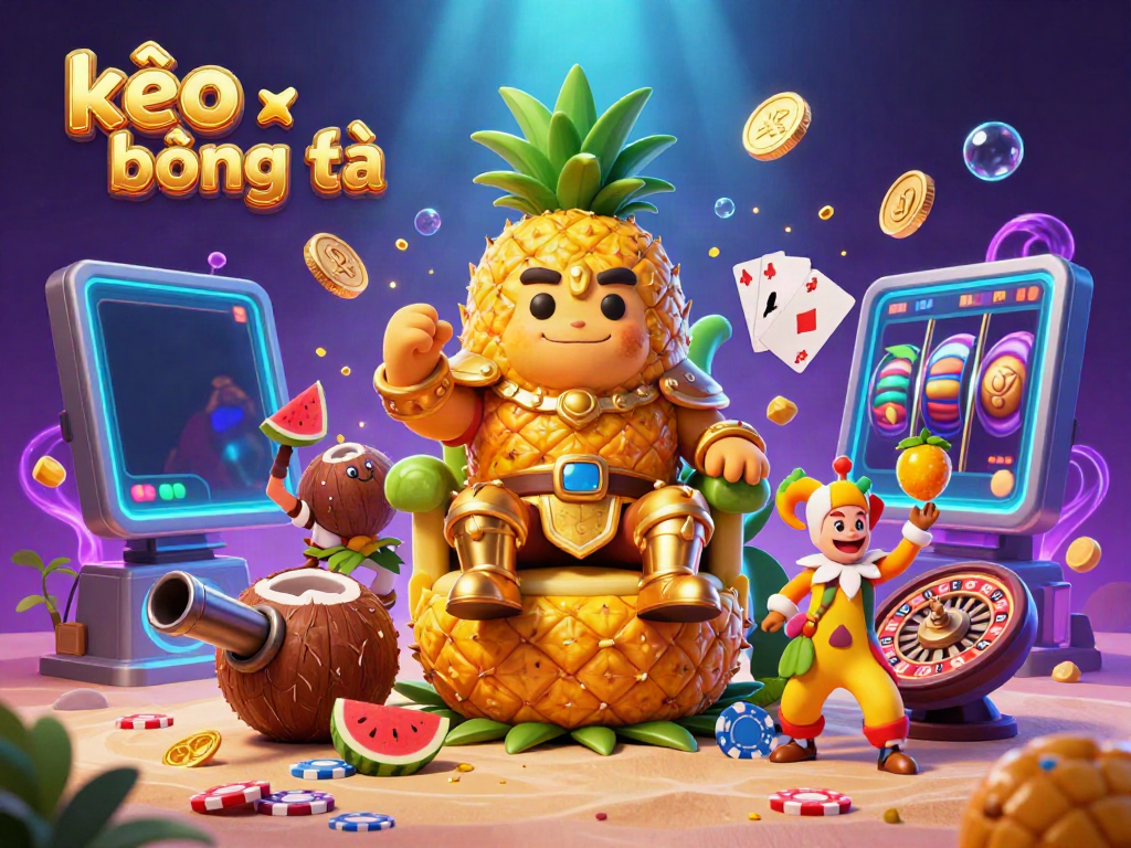 Experience the excitement of kèo bóng đá with vibrant casino elements featuring a golden pineapple king in a dynamic 3D scene.