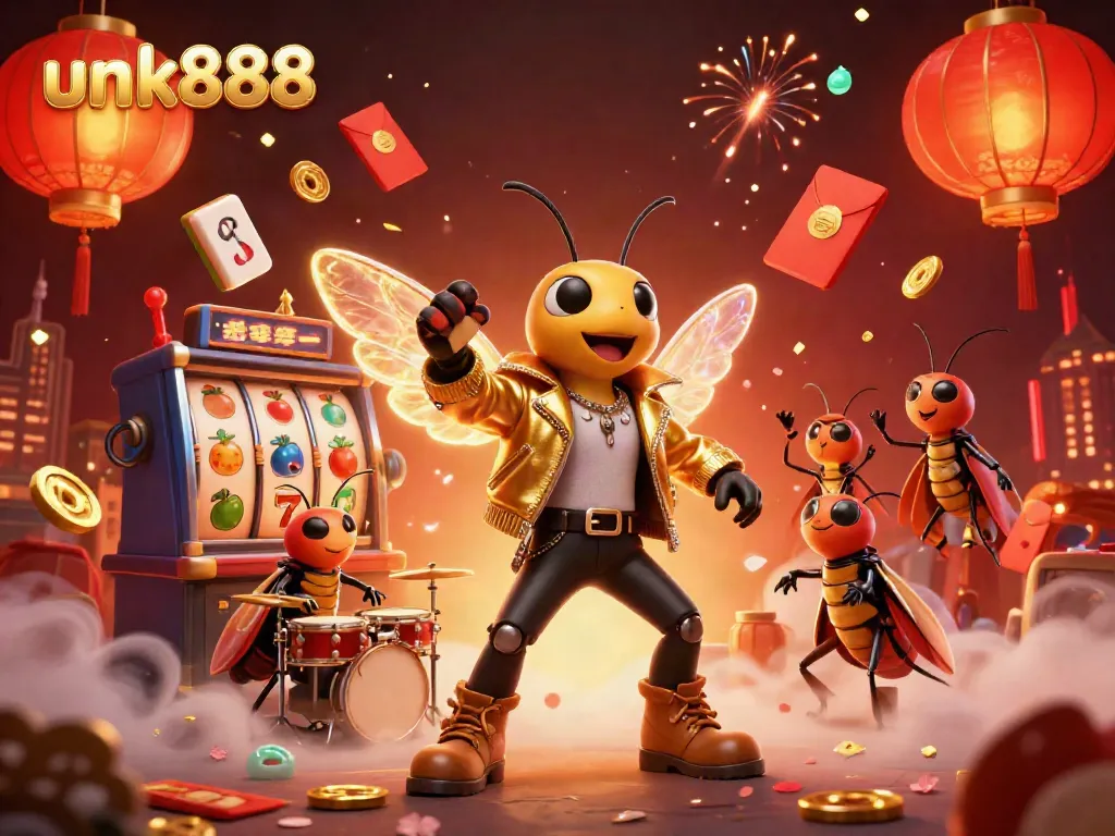 Experience slots action with the vibrant unk888 rock star cicada surrounded by dynamic casino elements.