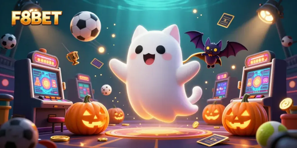 Experience the excitement of F8BET with a ghost cat and bat in a vibrant casino atmosphere.