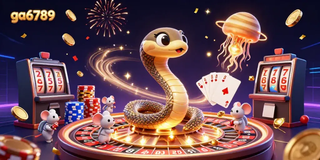 Engage in thrilling gameplay at ga6789 with cosmic casino elements featuring roulette wheels and betting mice.