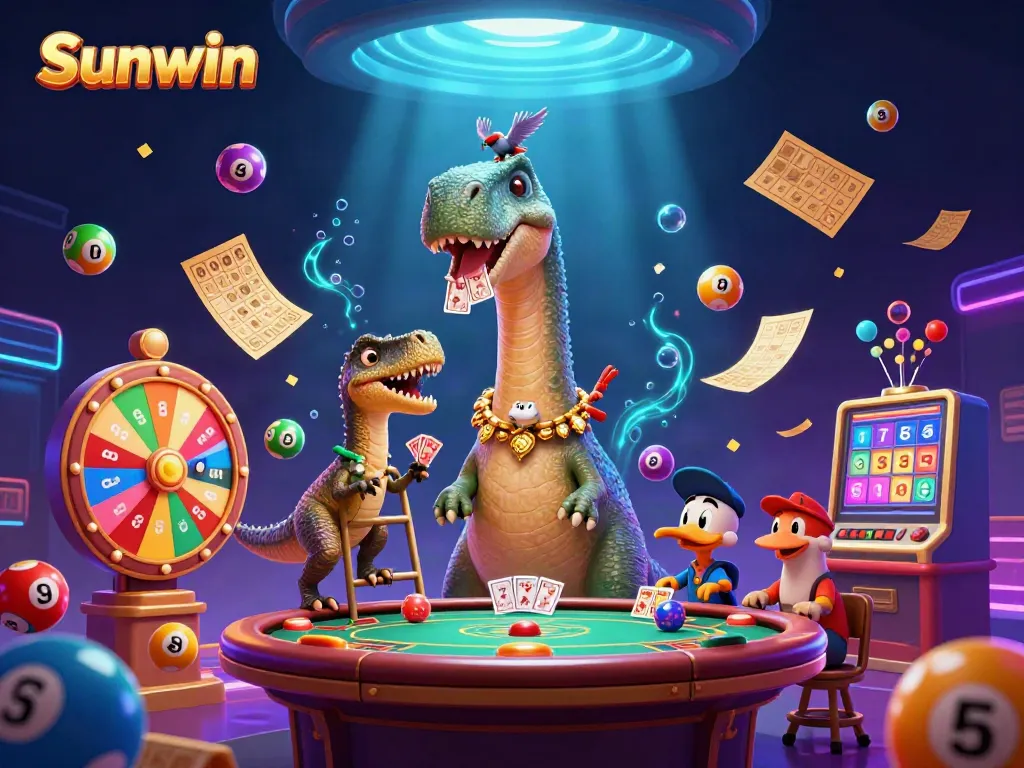 Experience the thrill at Sunwin with a playful brontosaurus and friendly raptor in a captivating casino scene.