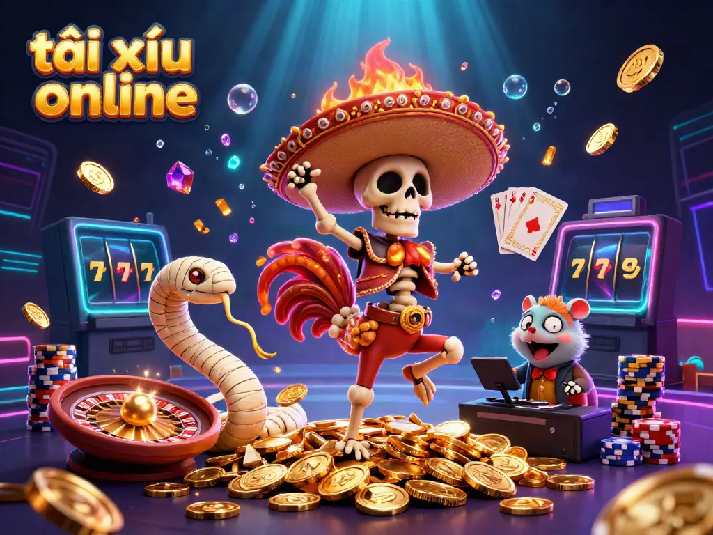 Experience the vibrant excitement of tài xỉu online with a dynamic 3D casino scene featuring animated characters and gleaming treasures.